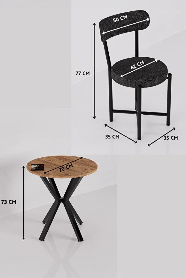 Mutfak Masası 70 Çap Yuvarlak 2 Sandalyeli Masa Takımı Modern Bahçe Balkon Cafe Teddy Antrasit